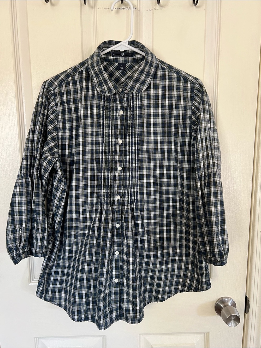 Gap Plaid Pintuck Babydoll Button Front Blouse 100% Cotton L